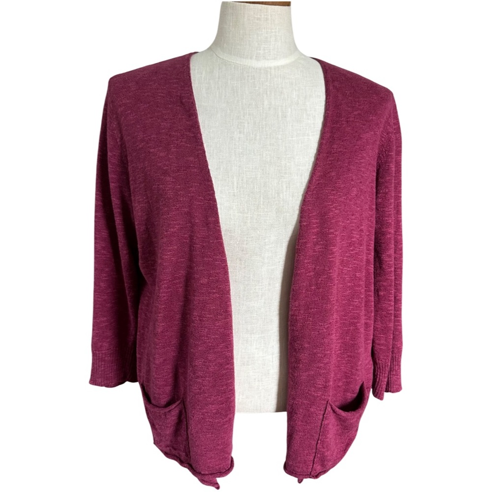 Eileen Fisher Linen Blend Slub Cardigan Sz S Open Front 3/4 Sleeves Fuchsia‎
